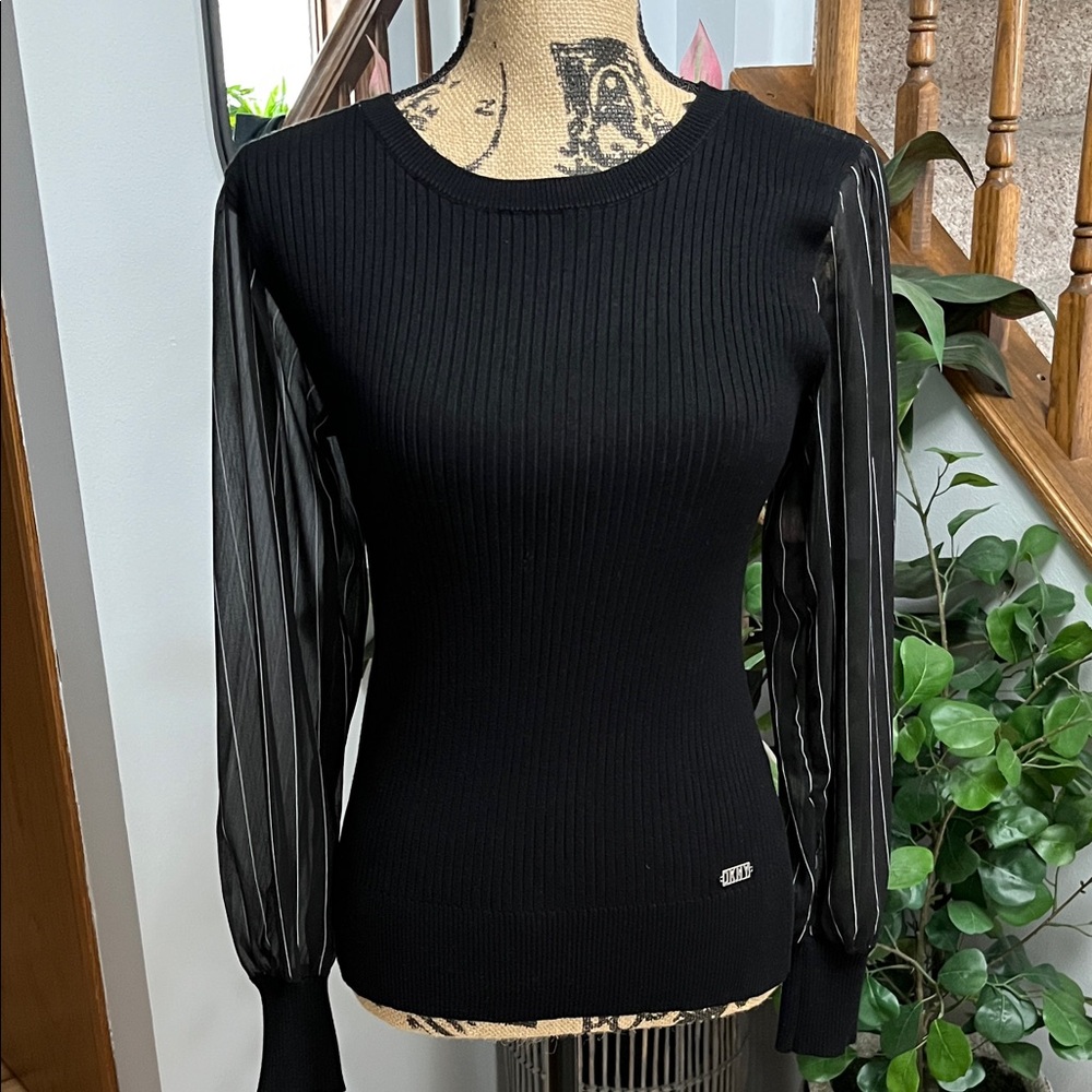 DKNY Black Ribbed Sweater with Sheer Sleeves